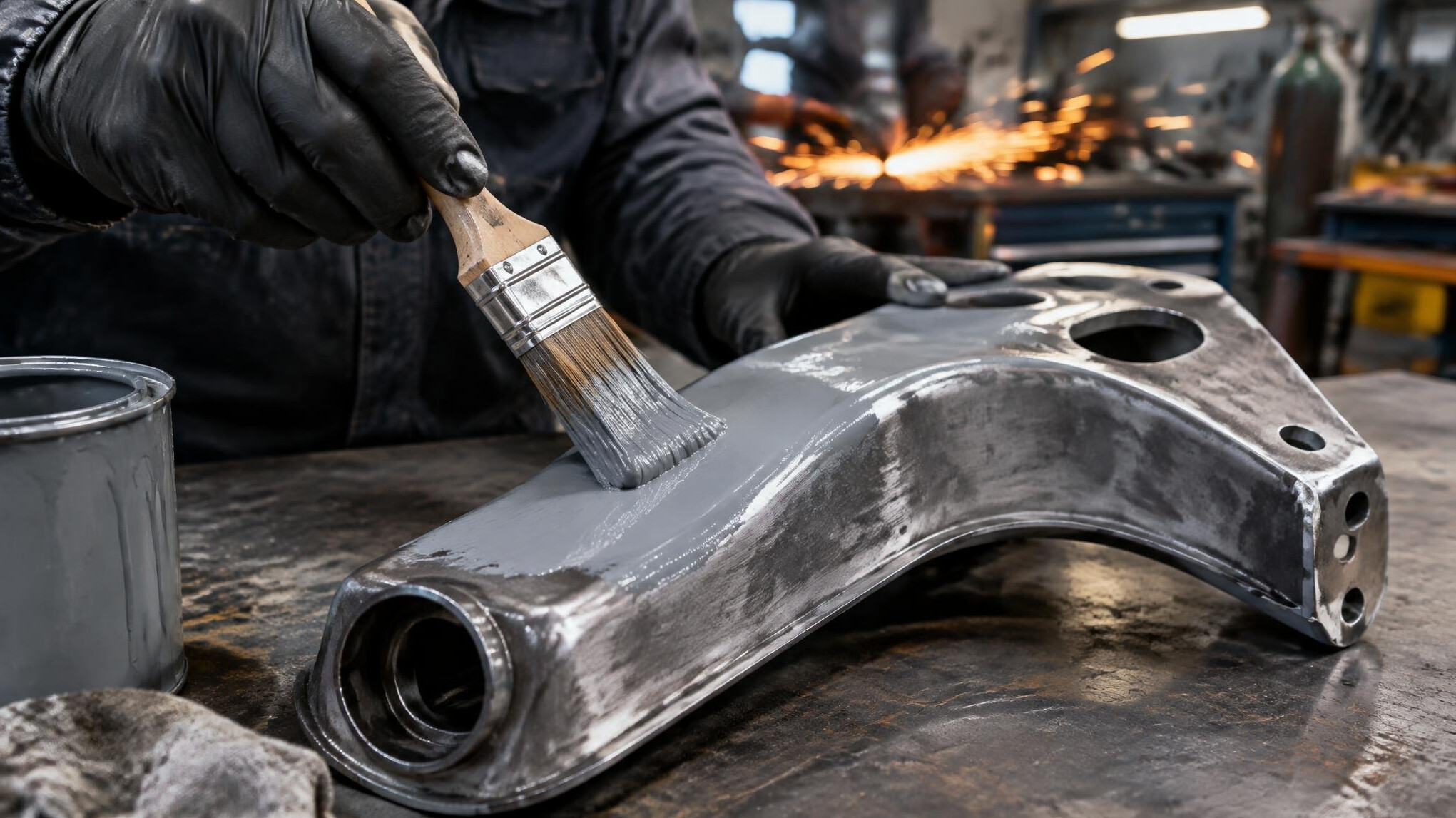 Metalworker treating a steel part with protective coating