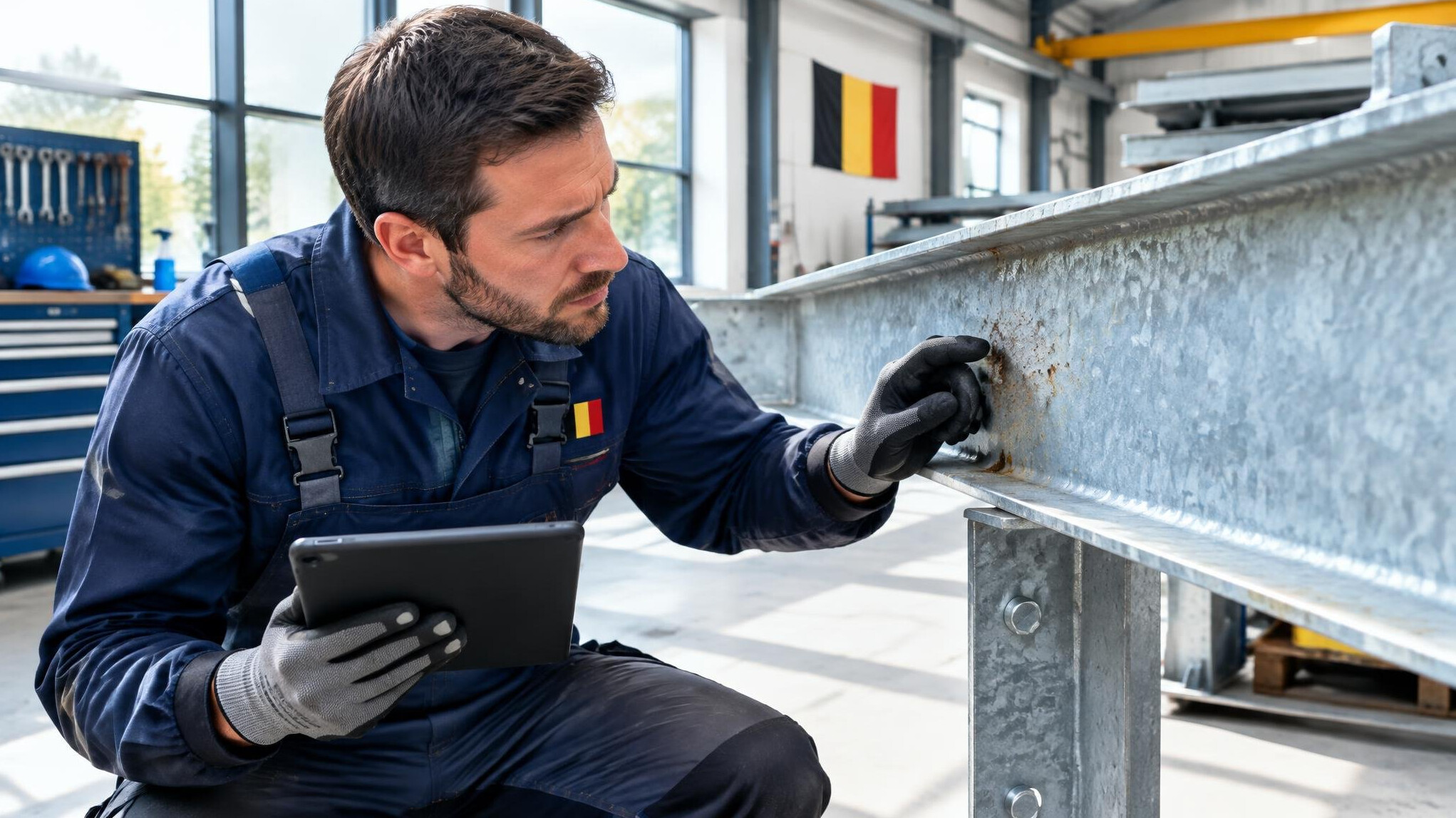 Technician in gloves inspecting a steel structure for corrosion